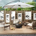 Outdoor Chairs With Bamboo Fence White Umbrella Fire Pit Fruits And Green Plants
