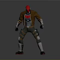 3D Action Character Model With Red Helmet Brown Jacket Gray Pants And Metal Leg Guards