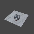 Black and white bird with red head lying on gray tiled ground 3d model