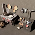 Rustic Kitchen Scene With Modern Cabinets Traditional Stove Firewood Hanging Utensils And Steam