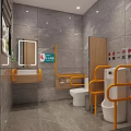 Accessible Public Toilet Interior With Yellow Handrails Modern Tiled Walls And Clean Facilities