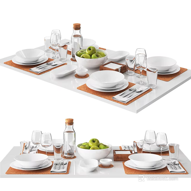 Elegant White Dinnerware Set With Plates Glasses Cutlery Green Apples And Placemats 3d model 