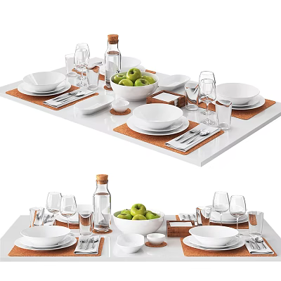 Elegant White Dinnerware Set With Plates Glasses Cutlery Green Apples And Placemats 3d model