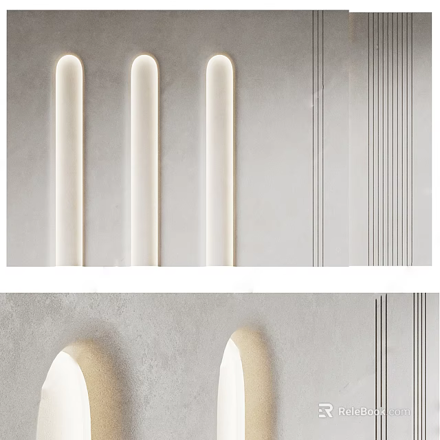 Modern Sofa Background Wall Design With Gray Texture Vertical Lines And LED Lights 3d model 