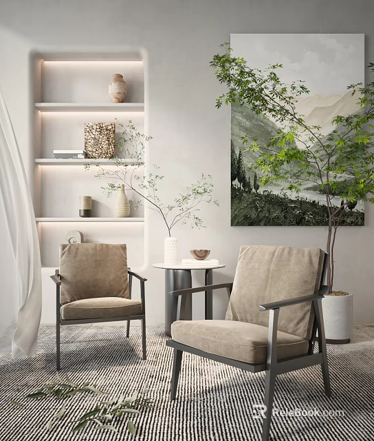 Modern Casual Sofa Set With Beige Linen Chairs Green Plant And Decorative Painting 3d model 
