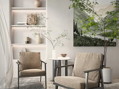 Modern Casual Sofa Set With Beige Linen Chairs Green Plant And Decorative Painting 3d model