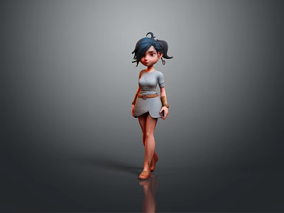 3D Character Girl with Short Black Hair Gray Dress and Brown Belt Standing 3d model