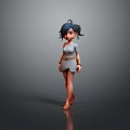 3D Character Girl with Short Black Hair Gray Dress and Brown Belt Standing