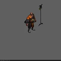 Muscular Warrior Character With Ornate Beads And Umbrella Shaped Polearm In Tribal Fantasy Design