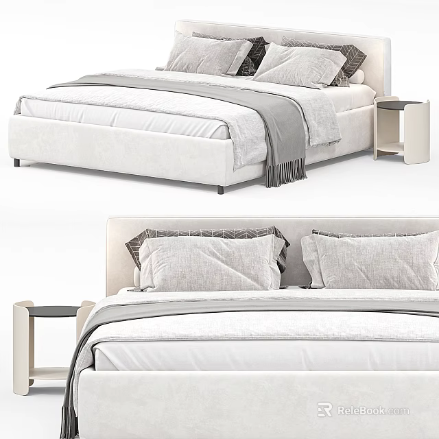 Modern Double Bed In Bedroom Setting With White Upholstered Frame Bedside Table And Soft Pillows 3d model 