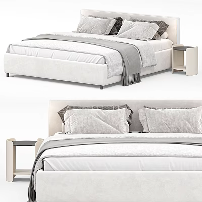 Modern Double Bed In Bedroom Setting With White Upholstered Frame Bedside Table And Soft Pillows 3d model