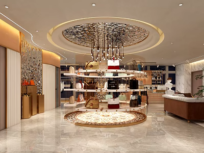 Luxury Fashion Store Interior Featuring Round Display Rack Chandelier Ornate Floor And Bags Accessories 3d model
