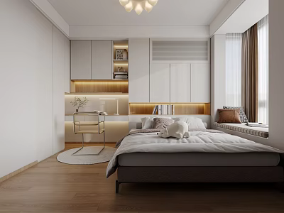 Tatami Bedroom Interior Design With Storage Wardrobes Window Curtains And Wooden Floor 3d model