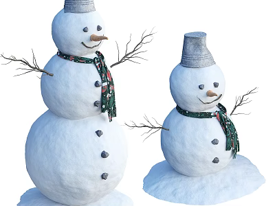 Two Snowmen With Gray Hats And Green Scarves Branch Arms And Button Details 3d model