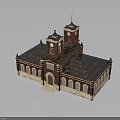 Classical Red Brick Building Featuring Blue Roof Twin Clock Towers Arched Windows And Entrance Steps