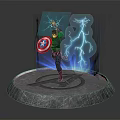 Game Movie Superhero Character Holding Captain America Shield With Electric Lightning Effects On Stone Pedestal