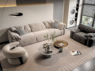 Modern Living Room With Beige Sofa Gray Armchair And Round Coffee Table Set 3d model