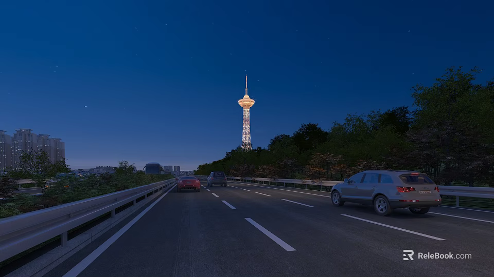 Illuminated Tower Beside Highway At Night With Trees And Moving Cars 3d model 