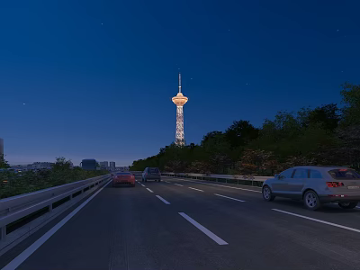 Illuminated Tower Beside Highway At Night With Trees And Moving Cars 3d model