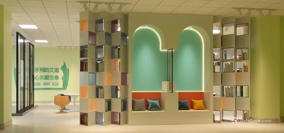 Vibrant Interior Design With Colorful Block Bookshelves Green Arched Wall And Cushioned Seats 3d model 