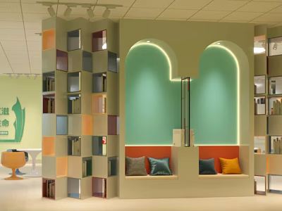 Vibrant Interior Design With Colorful Block Bookshelves Green Arched Wall And Cushioned Seats 3d model