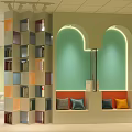 Vibrant Interior Design With Colorful Block Bookshelves Green Arched Wall And Cushioned Seats