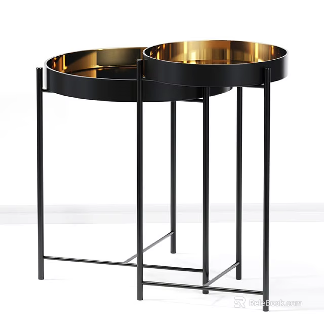 Modern Nested Circular Side Tables With Black Frame And Golden Top 3d model
