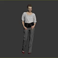 Woman Wearing Light Gray Top Black Corset Gray Pants And Red Shoes Against Dark Background