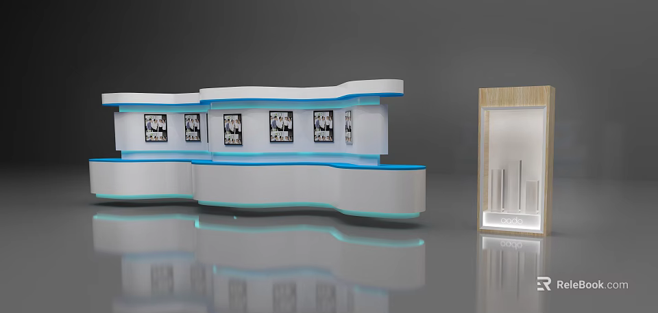 Modern Curved Display Shelves With Blue Accents Showcasing Photos And Side Standalone Showcase 3d model 