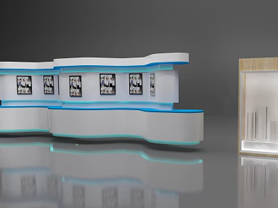 Modern Curved Display Shelves With Blue Accents Showcasing Photos And Side Standalone Showcase 3d model