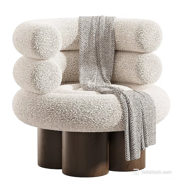 Beige Plush Accent Chair with Striped Throw Blanket and Wooden Legs Modern Cozy Design 3d model 