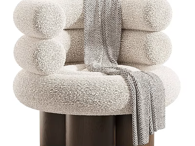 Beige Plush Accent Chair with Striped Throw Blanket and Wooden Legs Modern Cozy Design 3d model