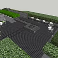 Modern Garden Landscape Design With Lush Green Plants Outdoor Chairs And Paved Terrace