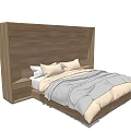 Modern Double Bed with Wooden Headboard and Cozy Bedding Pillows 3d model