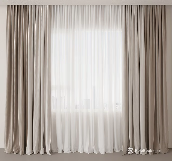 Beige Curtains With White Sheer Panels For Window In Modern Room With Soft Light 3d model 