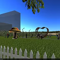 Heart Shaped Landscape Pavilion In Park With Green Lawn Mushroom Decorations And Panda Sculptures