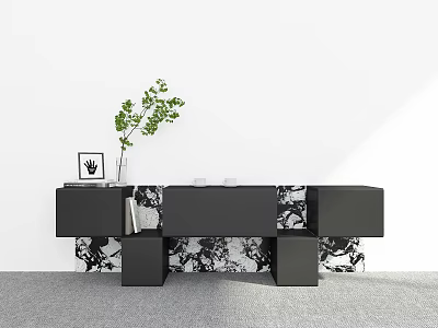 Modern Black TV Stand With Patterned Base And Green Plant On Top 3d model