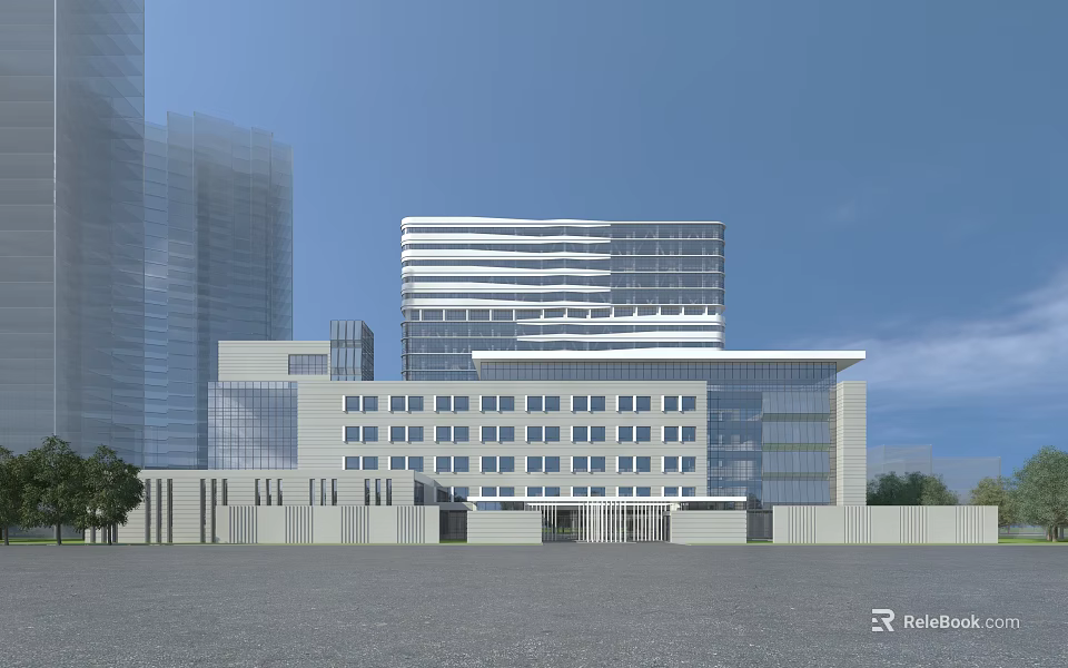 Modern Office Building With Glass Curtain Wall And Multi Storey Plaza Entrance Design 3d model 