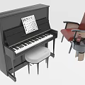 Black Upright Piano With Music Sheet White Stool Red Chair And Small Round Table