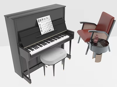 Black Upright Piano With Music Sheet White Stool Red Chair And Small Round Table 3d model