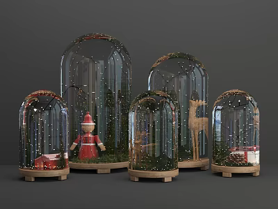 Christmas Decorative Ornament Set with Glass Domes Wooden Bases and Festive Figurines 3d model