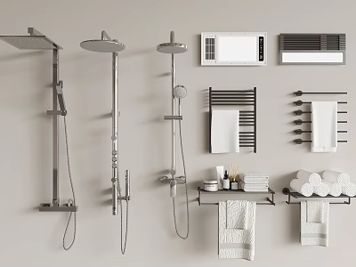 Essential Bathroom Accessories Including Shower Heads Towel Racks Towels Storage Shelves and Heater 3d model