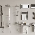 Essential Bathroom Accessories Including Shower Heads Towel Racks Towels Storage Shelves and Heater