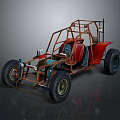 Red Off Road Buggy with Open Metal Frame and Large Off Road Tires