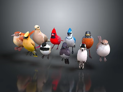 Colorful Birds Of Various Species Standing Together On Dark Reflective Surface 3d model