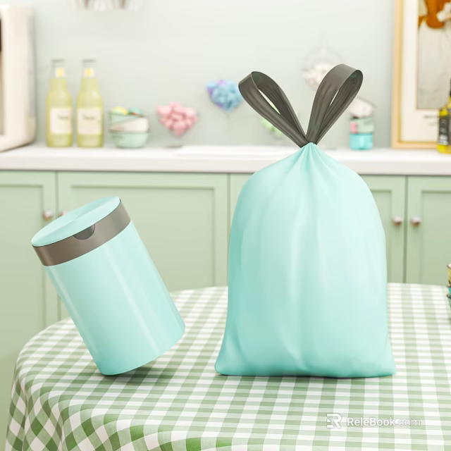 Light Blue Kitchen Trash Can And Storage Bag On Checkered Tablecloth With Green Cabinets 3d model 
