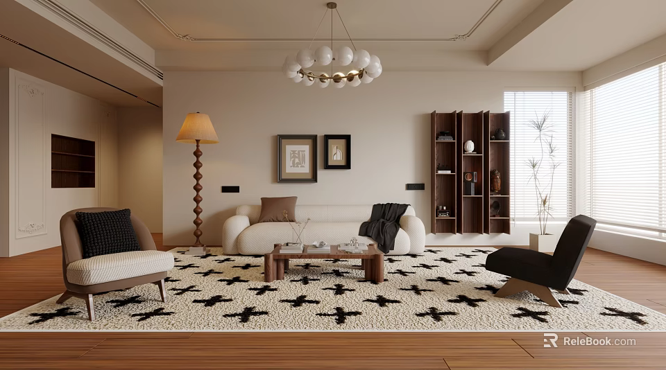 Modern Living Room With Chandelier Floor Lamp Framed Wall Art Sofa Coffee Table And Rug 3d model 