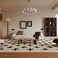Modern Living Room With Chandelier Floor Lamp Framed Wall Art Sofa Coffee Table And Rug