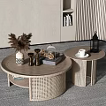 Set of Modern Coffee Tables with Woven Design Featuring Coffee Cup and Pampas Decor