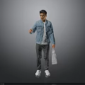 Casual Man In Blue Denim Jacket Holding Shopping Bag With Pointing Hand